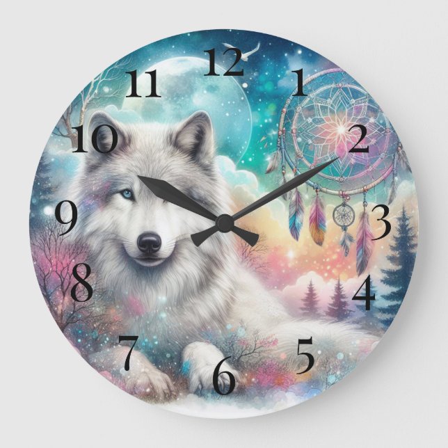 Wolf and Dreamcatcher with the Moon Large Clock (Front)