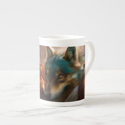 Wolf and eagle painting bone china mug