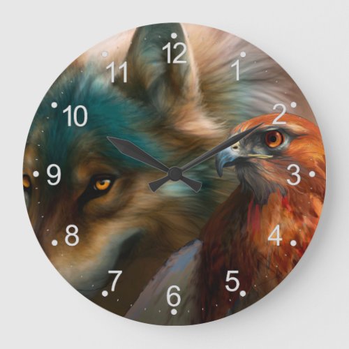 Wolf and eagle painting large clock