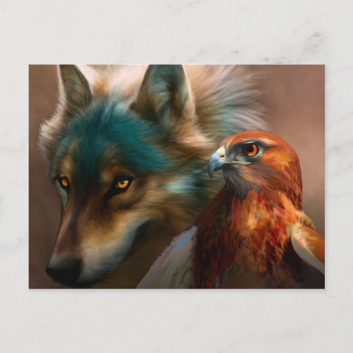 Wolf and eagle painting postcard
