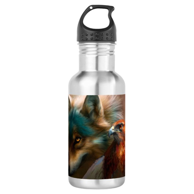 Wolf and eagle painting stainless steel water bottle (Front)