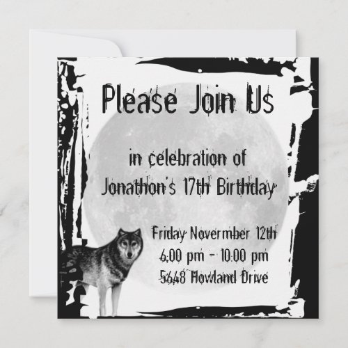 Wolf and Full Moon Gothic Birthday Invitation