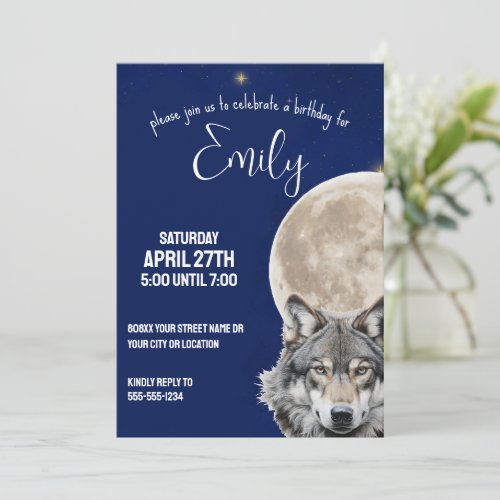 Wolf and Full Moon in Starry Night Sky Invitation