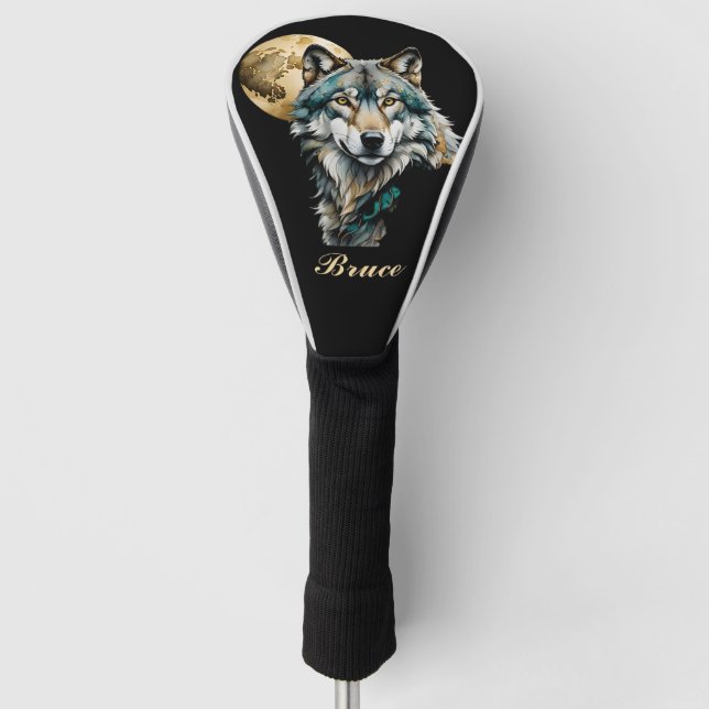 Wolf and Gold Moon *Personalize* Golf Head Cover (Front)