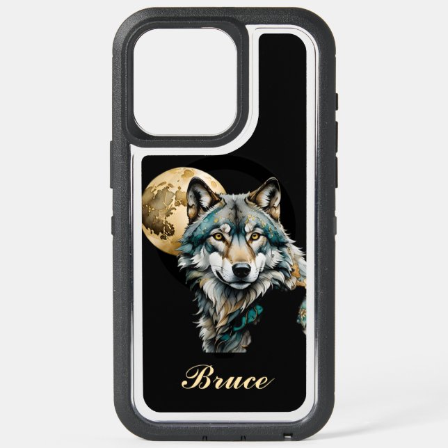 Wolf and Gold Moon *Personalize* iPhone 15 Pro Max Case (Back)