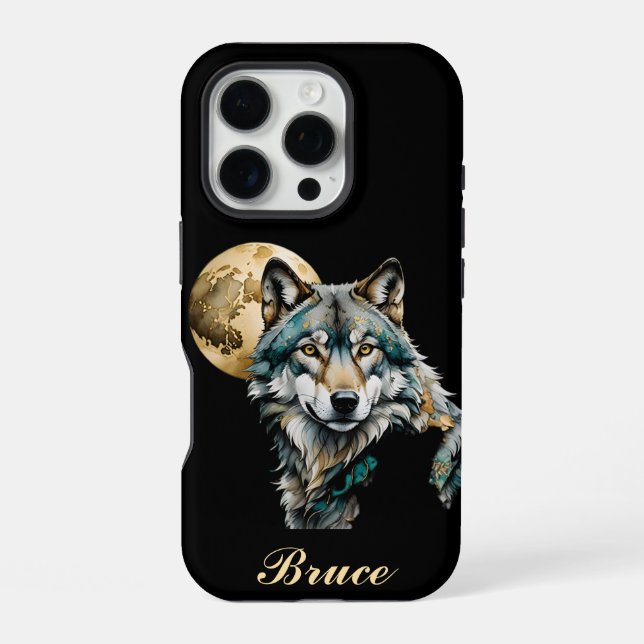 Wolf and Gold Moon *Personalize* iPhone Case (Back)