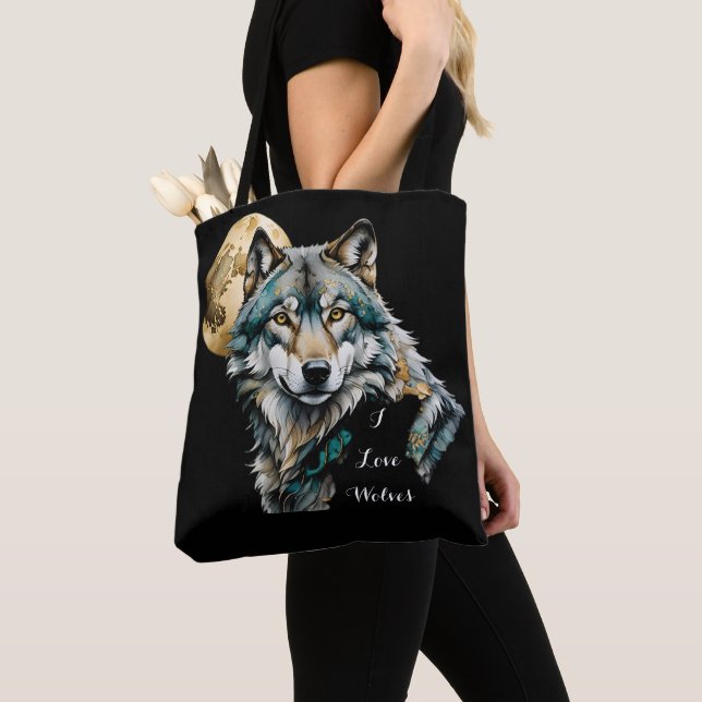 Wolf and Gold Moon Tote Bag (Close Up)