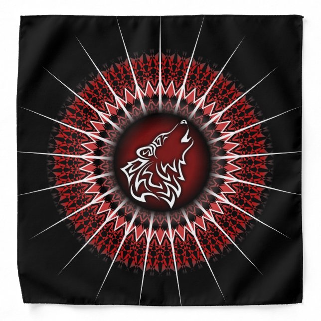 Wolf And Mandala Red White Black Modern Bandana (Front)