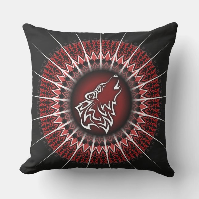 Wolf And Mandala Red White Black Modern Outdoor Pillow (Front)