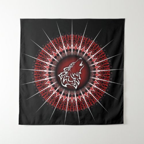 Wolf And Mandala Red White Black Modern Tapestry