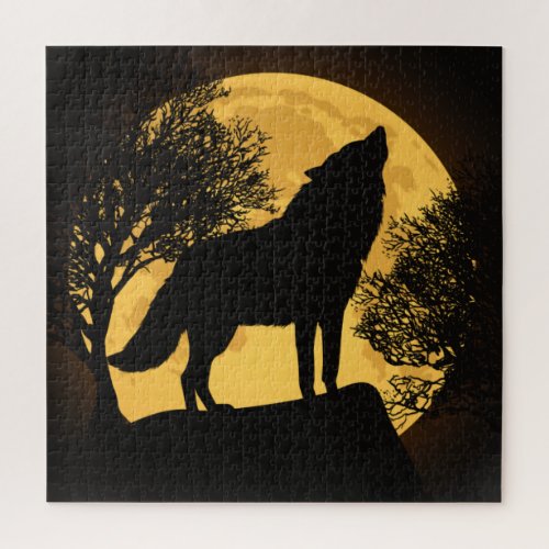 Wolf and Moon Black and Yellow Jigsaw Puzzle