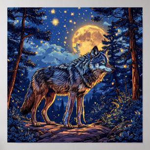 🐺 Wolf And Moon Forest Night Sky Mystical Nature Poster