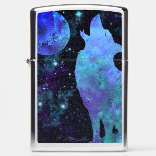 Wolf and Moon In Starry Night Painting Zippo Lighter