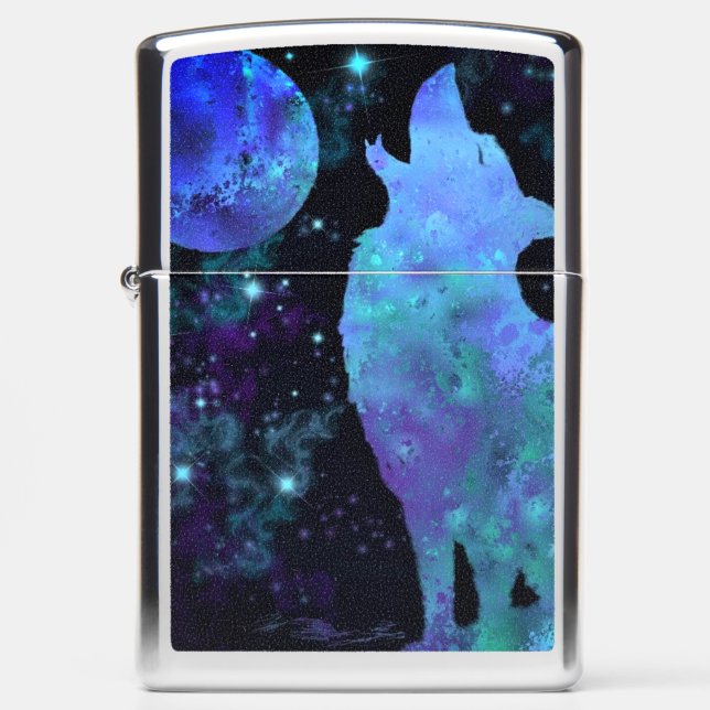 Wolf and Moon In Starry Night Painting Zippo Lighter (Front)