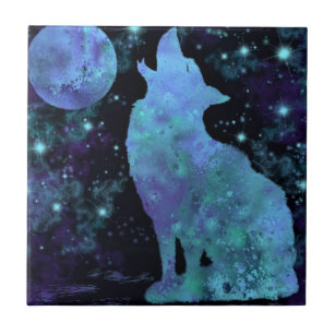 Wolf and Moon - Migned Drawing Art Collection Ceramic Tile