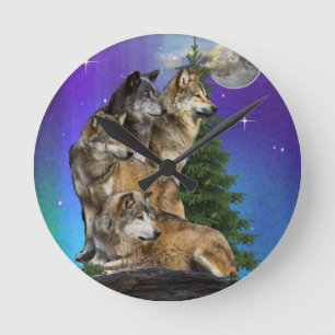 Wolf and Moon Round Clock