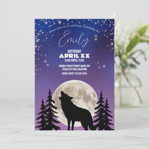 Wolf and Moon Silhouette Under the Stars Invitation