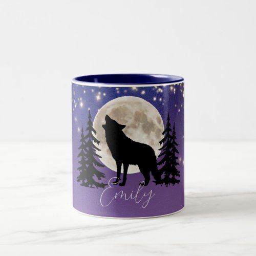 Wolf and Moon Silhouette Under the Stars Two_Tone Coffee Mug