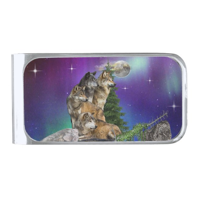 Wolf and Moon Silver Finish Money Clip (Front)