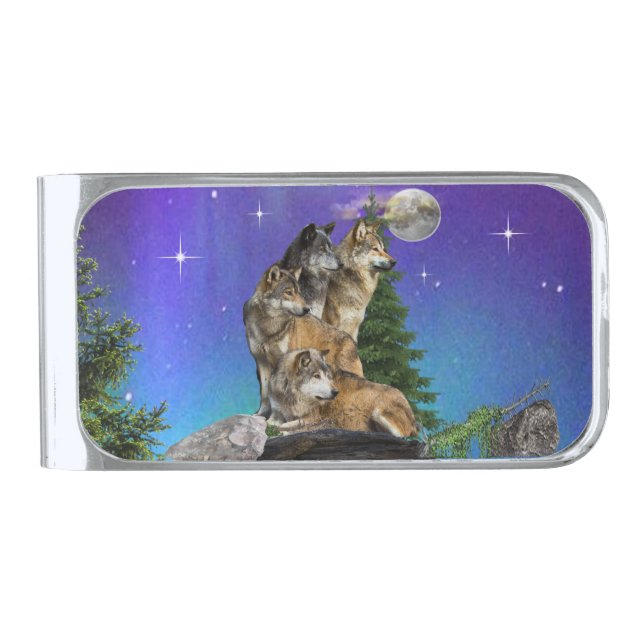 Wolf and Moon Silver Finish Money Clip (Front)