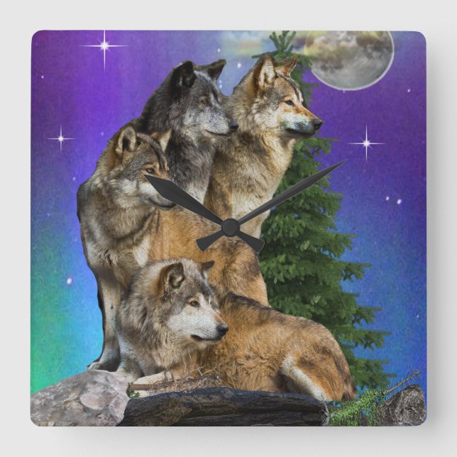 Wolf and Moon Square Wall Clock (Front)