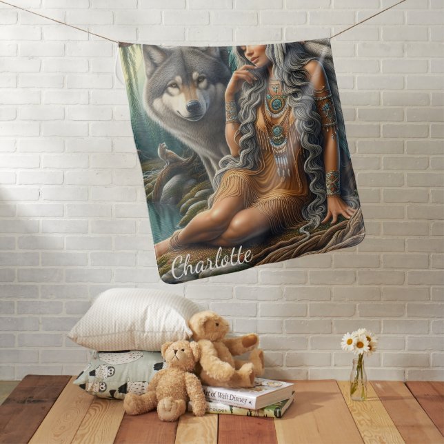 Wolf and Native Indian in nature Baby Blanket (In Situ)