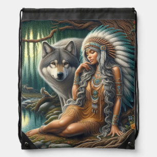 Wolf and Native Indian in nature Drawstring Bag