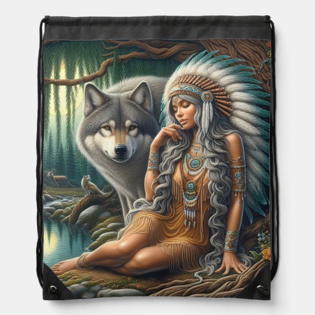 Wolf and Native Indian in nature Drawstring Bag (Front)