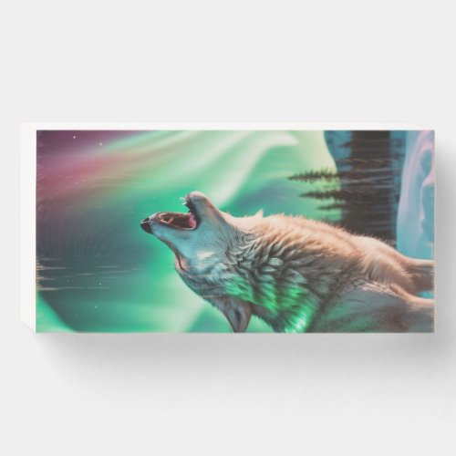 Wolf and Northern Lights Wooden Box Sign