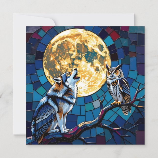  Wolf and Owl Mosaic Art | Saying Hi Holiday Card (Front)