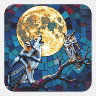 Wolf and Owl Mosaic Art Square Sticker