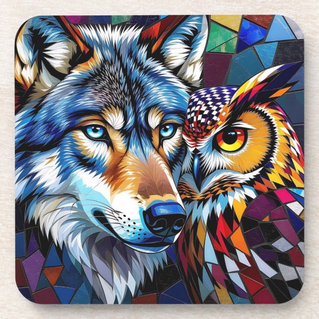 Wolf and Owl Vibrant and Colorful  Beverage Coaster (Front)