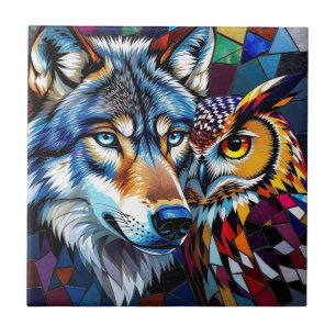 Wolf and Owl Vibrant and Colorful Ceramic Tile