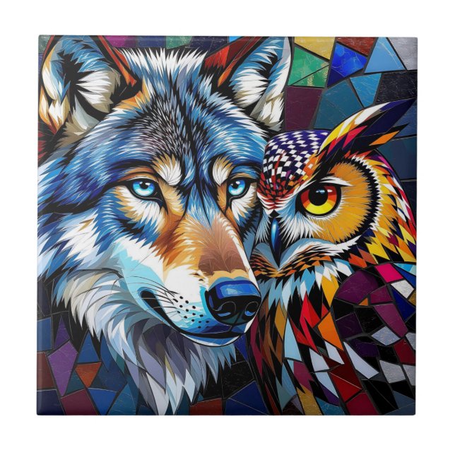 Wolf and Owl Vibrant and Colorful  Ceramic Tile (Front)