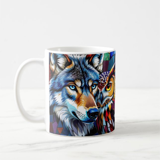 Wolf and Owl Vibrant and Colorful  Coffee Mug (Left)