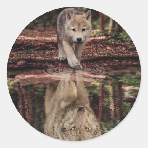 Wolf and Pup Water Reflection Abstract Motivation Classic Round Sticker