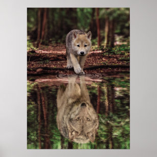 Wolf and Pup Water Reflection, Abstract Motivation Poster