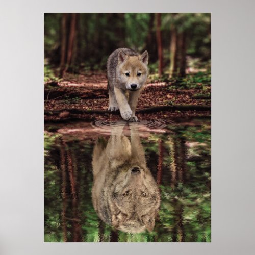 Wolf and Pup Water Reflection Abstract Motivation Poster