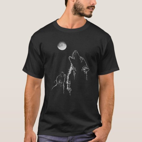 Wolf and puppy howling at the moon Black and whit T_Shirt