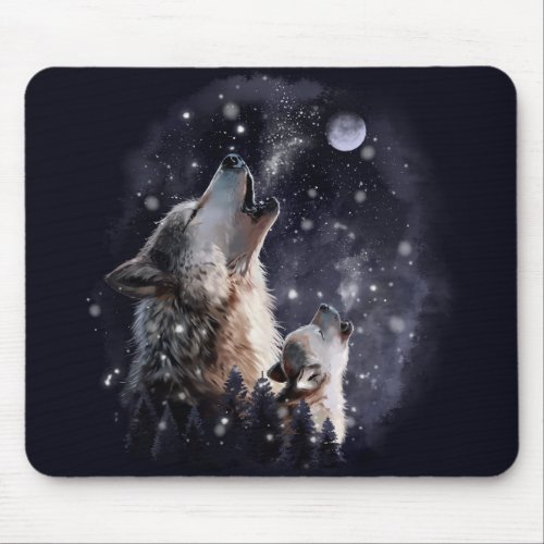 Wolf and puppy howling at the moon mouse pad