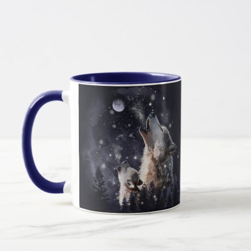 Wolf and puppy howling at the moon mug