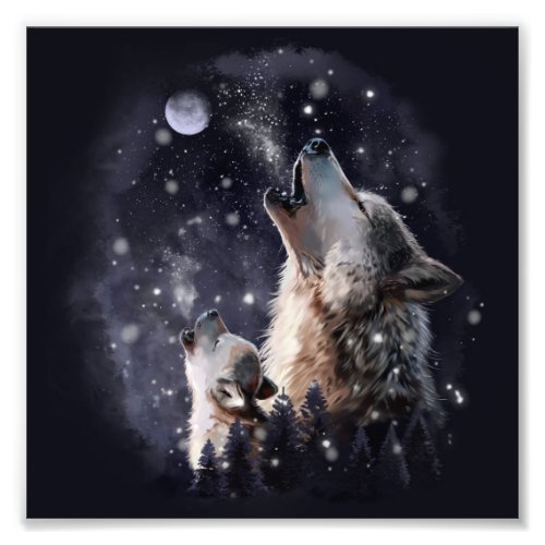 Wolf and puppy howling at the moon photo print