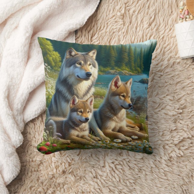 Wolf and Pups by River / Wolf Lover  Throw Pillow (Blanket)