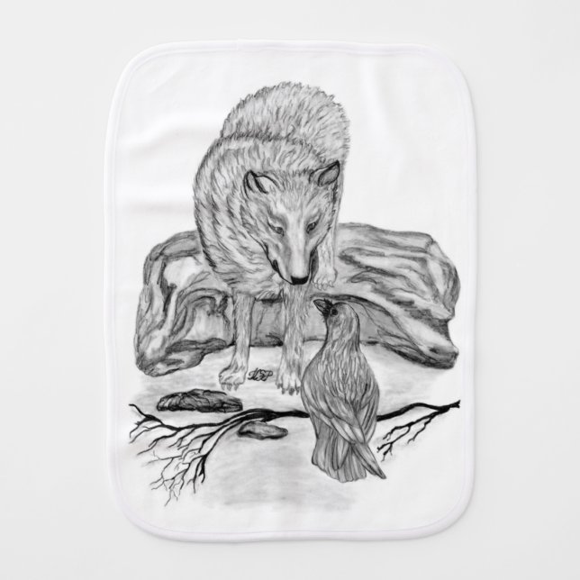 Wolf and Raven - black and white Design Baby Burp Cloth (Front)
