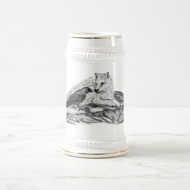 Wolf and Raven - Black and White Design Beer Stein (Center)