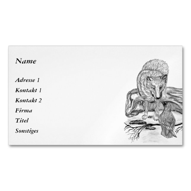 Wolf and Raven - Black and White Design Business Card Magnet (Front)