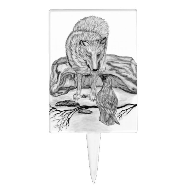 Wolf and Raven black and white design Cake Topper (Front)