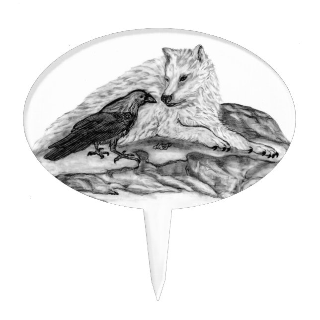 Wolf and Raven black and white design Cake Topper (Front)