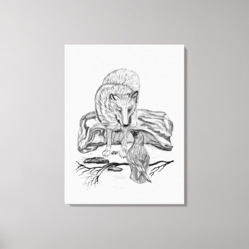 Wolf and Raven _ Black and White Design Canvas Print