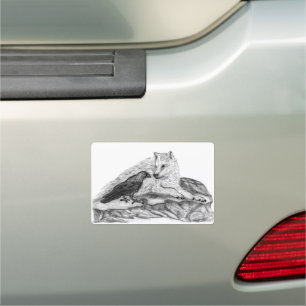 Wolf and Raven - Black and White Design Car Magnet